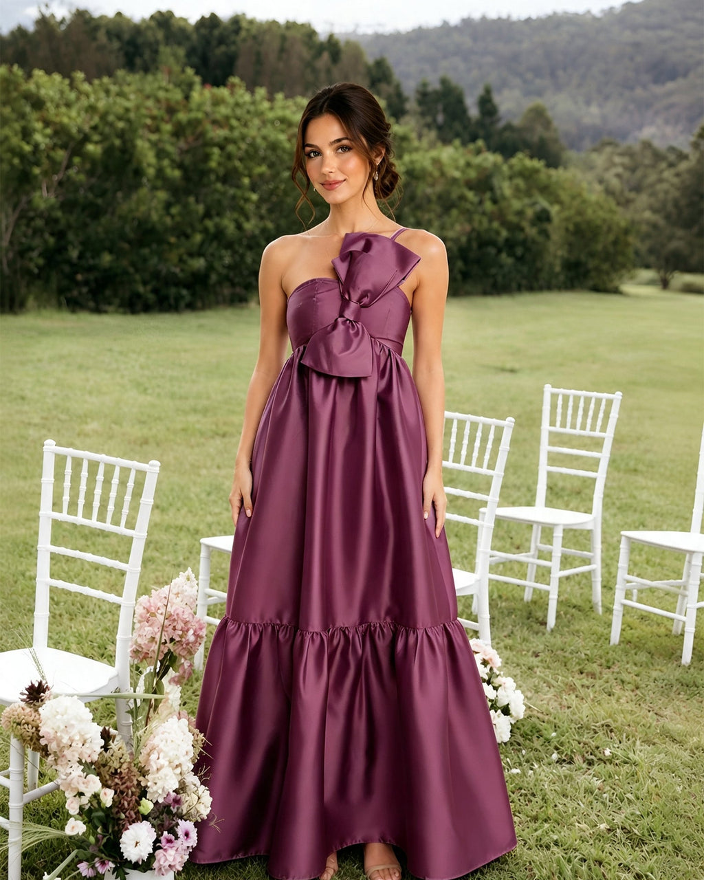 One-Shoulder Satin A-Line Bridesmaid Dress with Statement Ruffle