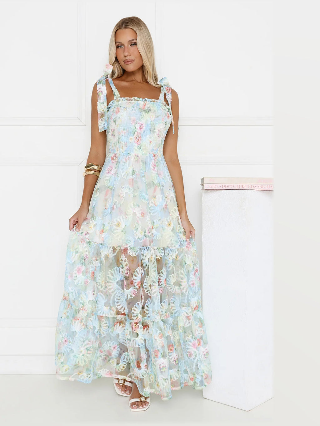 Silver Floral A-Line Maxi Structured Woven Fabric Formal Dress for Festive Dinner