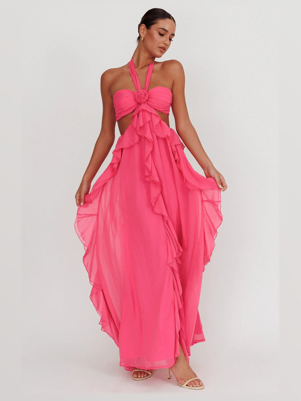Fuchsia Cut-Out Ruffled A-Line Maxi Structured Woven Fabric Formal Dress for Club Formal