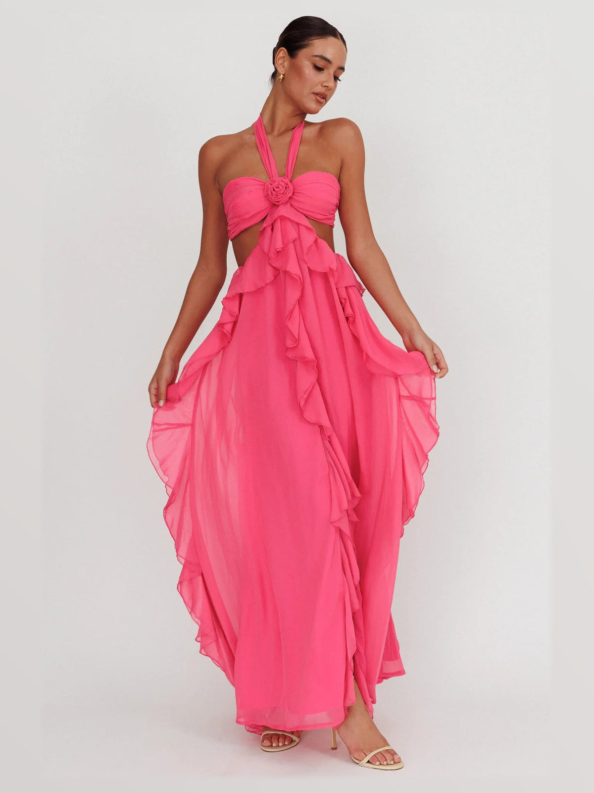 Fuchsia Cut-Out Ruffled A-Line Maxi Structured Woven Fabric Formal Dress for Club Formal