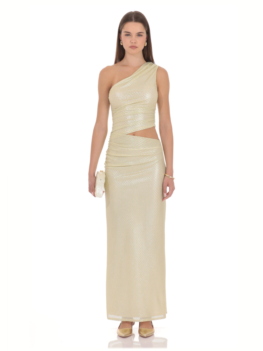 Gold One Shoulder A-Line Maxi Structured Woven Fabric Bridesmaid Dress for Church Wedding