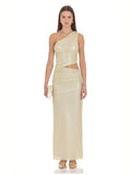 Gold One Shoulder A-Line Maxi Structured Woven Fabric Bridesmaid Dress for Church Wedding