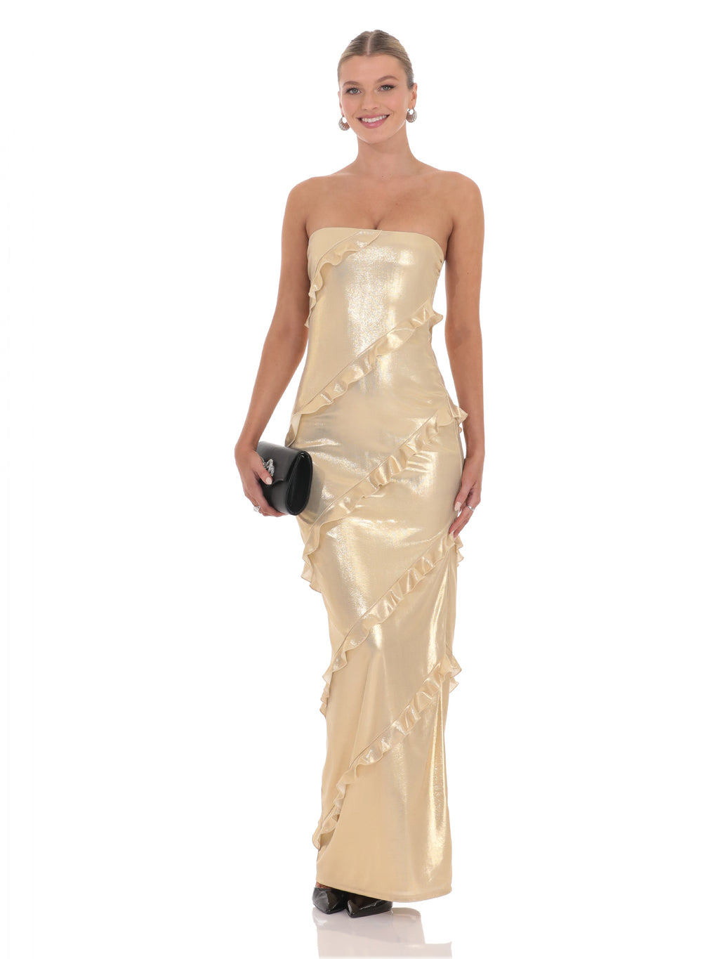 Ruffled Strapless A-Line Maxi Structured Woven Fabric Bridesmaid Dress for Church Wedding