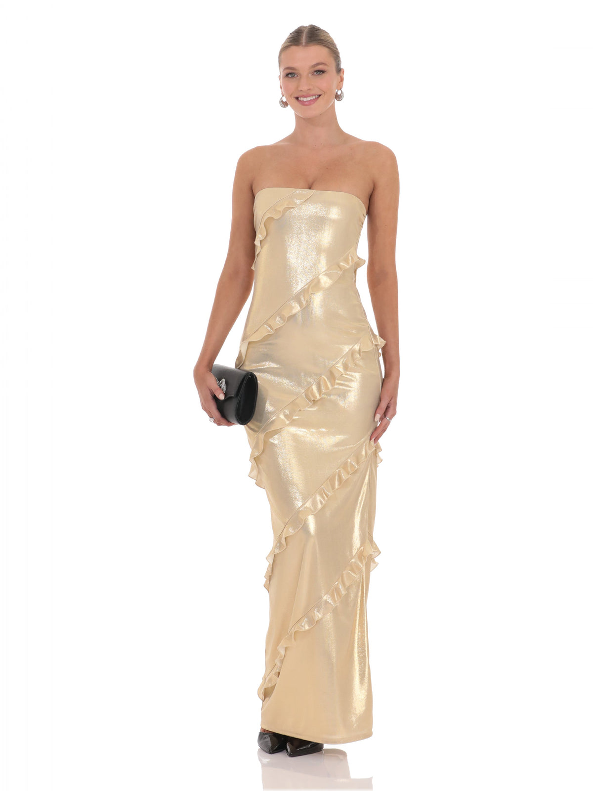 Ruffled Strapless A-Line Maxi Structured Woven Fabric Bridesmaid Dress for Church Wedding