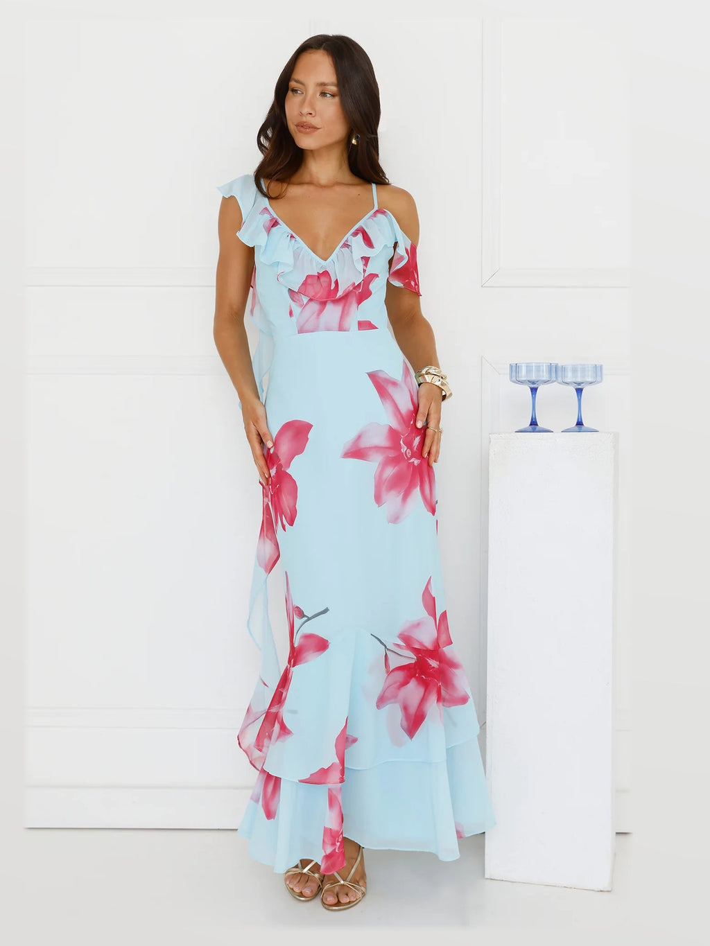Blue A-Line Maxi Structured Woven Fabric Formal Dress for Spring Formal