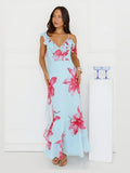 Blue A-Line Maxi Structured Woven Fabric Formal Dress for Spring Formal