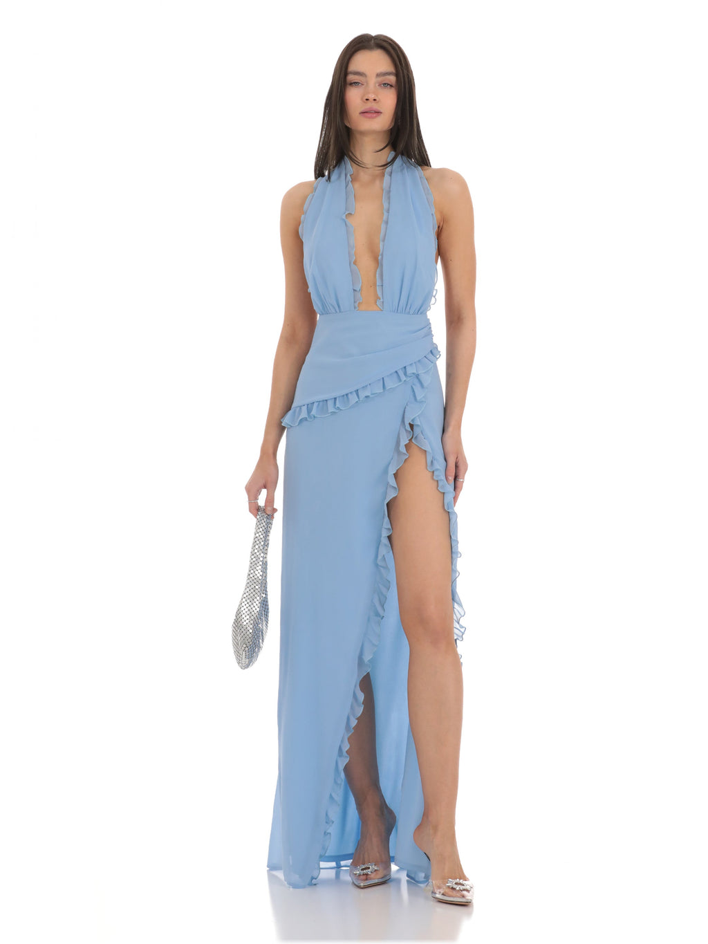 Halter Neck A-Line Maxi Structured Woven Fabric Bridesmaid Dress for Wedding Reception