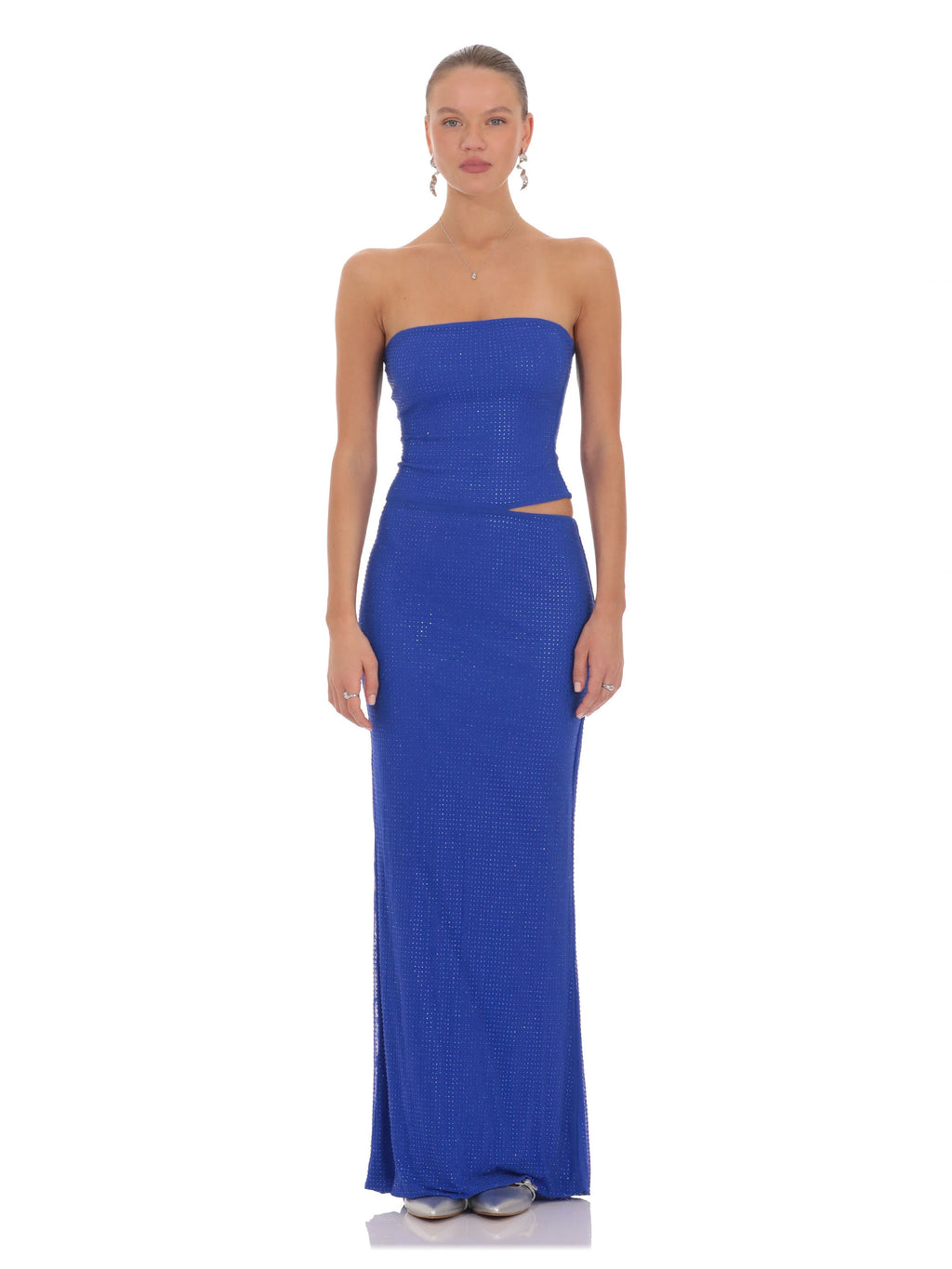 Blue Rhinestone A-Line Maxi Structured Woven Fabric Bridesmaid Dress for Formal Wedding