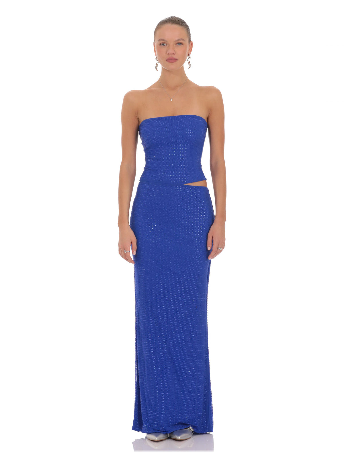Blue Rhinestone A-Line Maxi Structured Woven Fabric Bridesmaid Dress for Formal Wedding