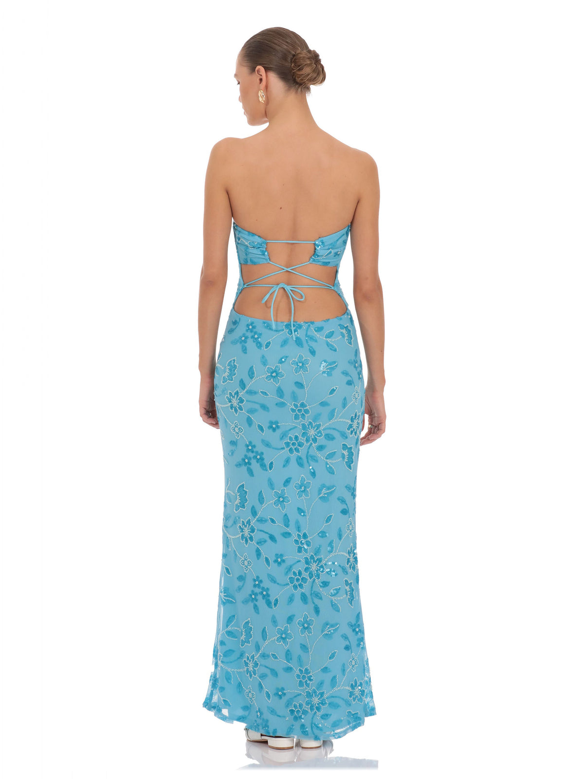 Blue Floral A-Line Maxi Structured Woven Fabric Bridesmaid Dress for Church Wedding