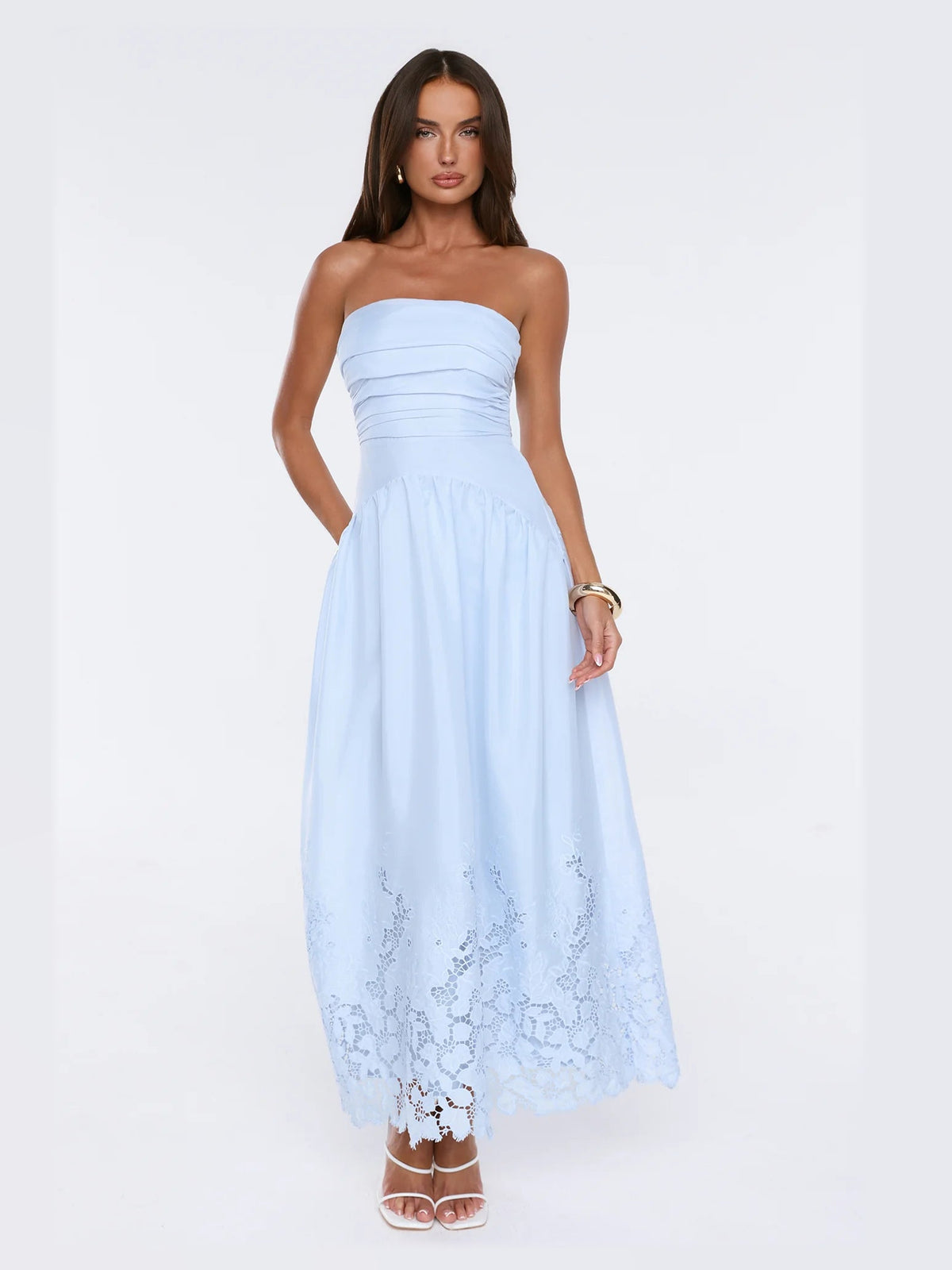 Blue Strapless A-Line Maxi Structured Woven Fabric Formal Dress for Homecoming