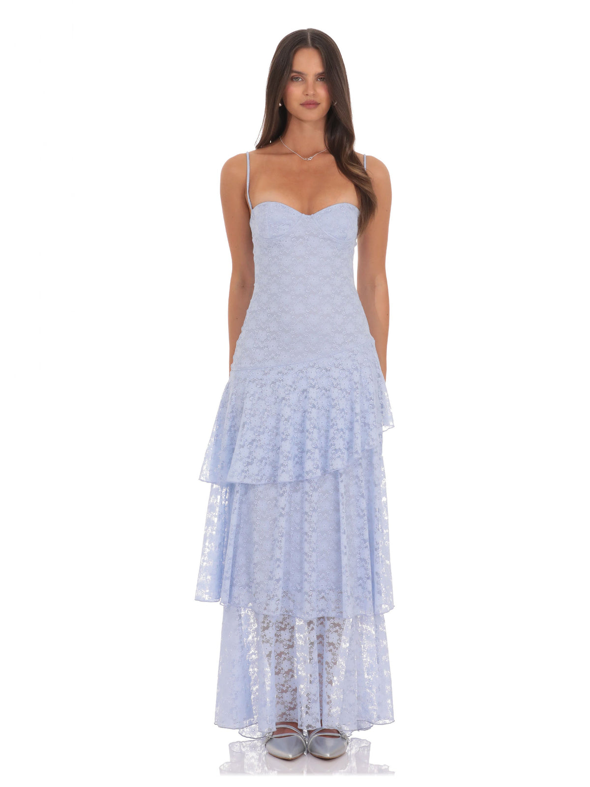 Blue Tiered Ruffled Sweetheart A-Line Maxi Structured Woven Fabric Bridesmaid Dress for Estate Wedding