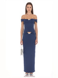 Blue A-Line Maxi Structured Woven Fabric Bridesmaid Dress for Bridal Party