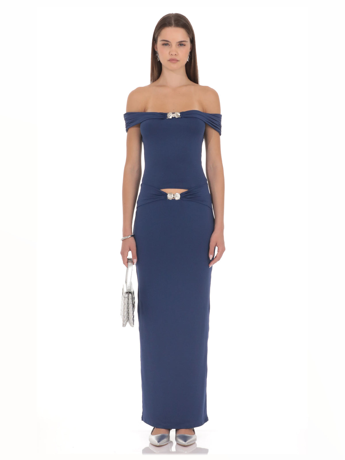 Blue A-Line Maxi Structured Woven Fabric Bridesmaid Dress for Bridal Party