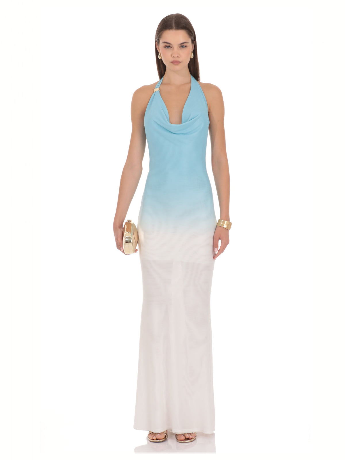 Blue And White Halter Neck A-Line Maxi Structured Woven Fabric Bridesmaid Dress for Estate Wedding