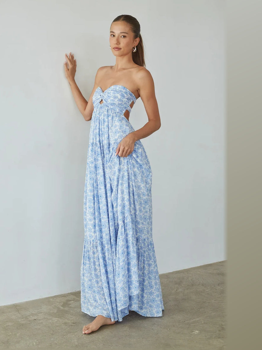Blue Floral Strapless A-Line Maxi Structured Woven Fabric Formal Dress for Banquet