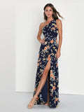 Blue Floral Floral One Shoulder A-Line Maxi Structured Woven Fabric Formal Dress for Charity Dinner