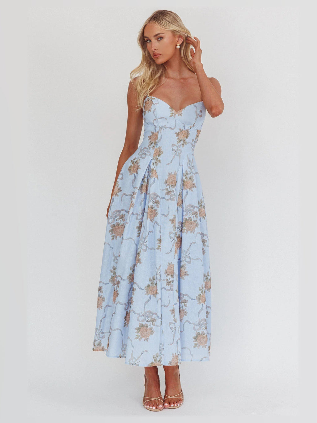 Blue Pleated Bow A-Line Maxi Structured Woven Fabric Formal Dress for Milestone Birthday