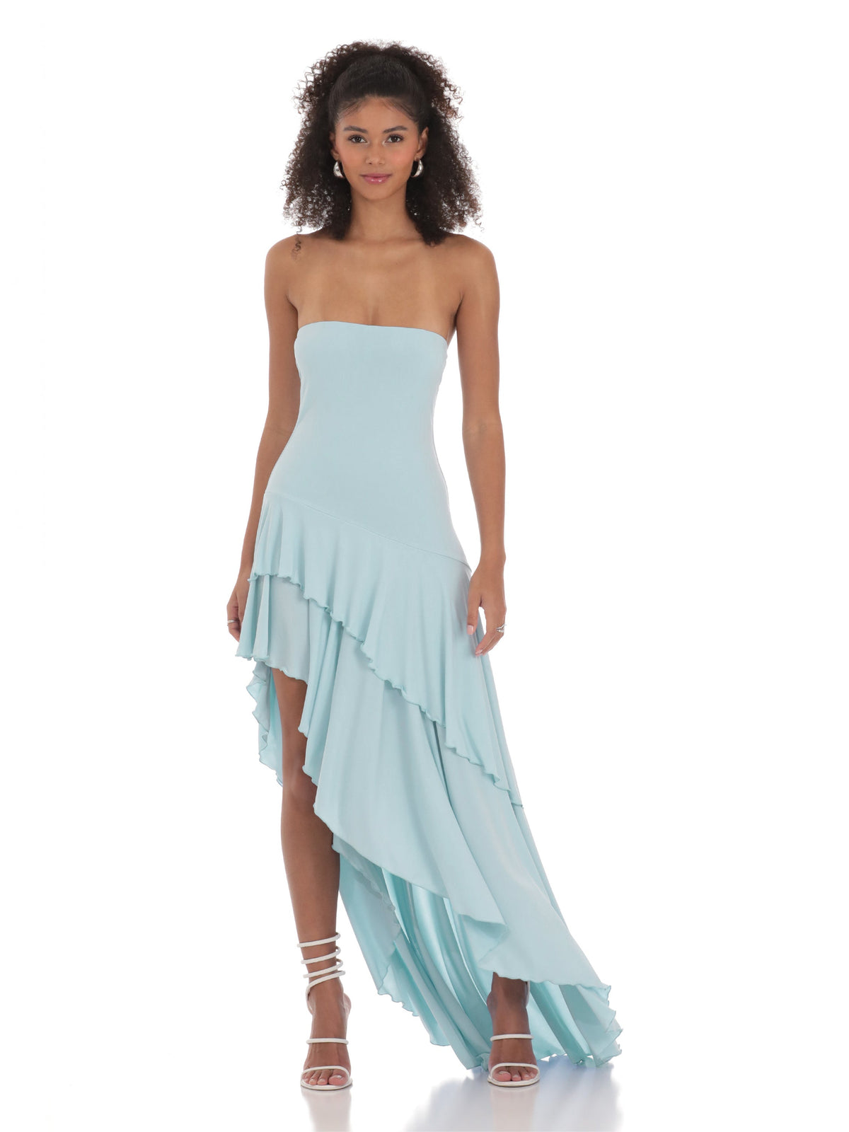 Ruffled Strapless Asymmetrical Maxi Structured Woven Fabric Bridesmaid Dress for Garden Wedding