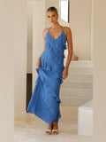 Blue A-Line Maxi Structured Woven Fabric Formal Dress for Museum Gala
