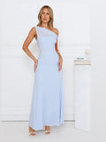 Blue Off Shoulder A-Line Maxi Structured Woven Fabric Formal Dress for Banquet Dinner