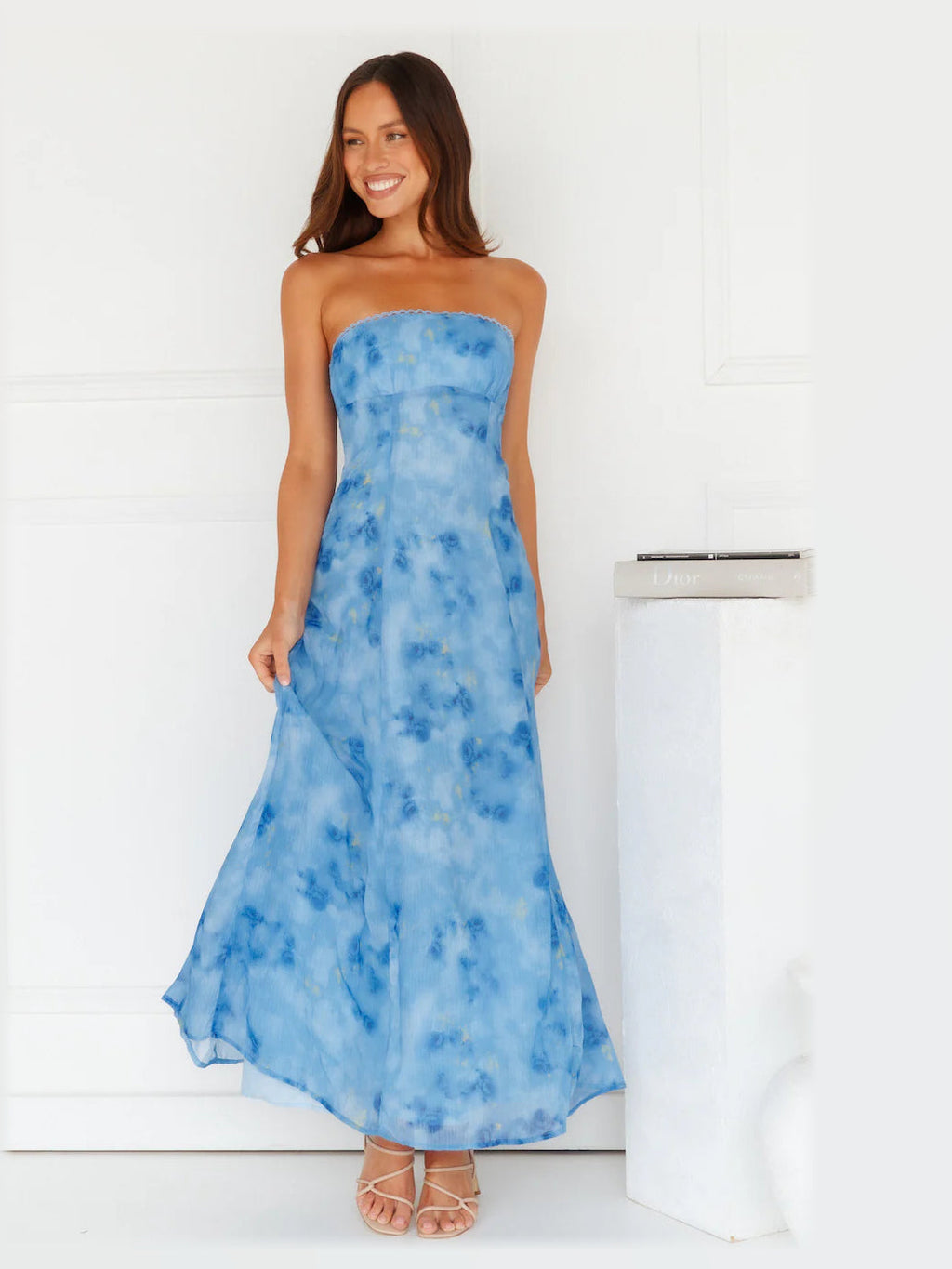 Blue Strapless A-Line Maxi Structured Woven Fabric Formal Dress for Wedding Guest
