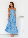 Blue Strapless A-Line Maxi Structured Woven Fabric Formal Dress for Wedding Guest