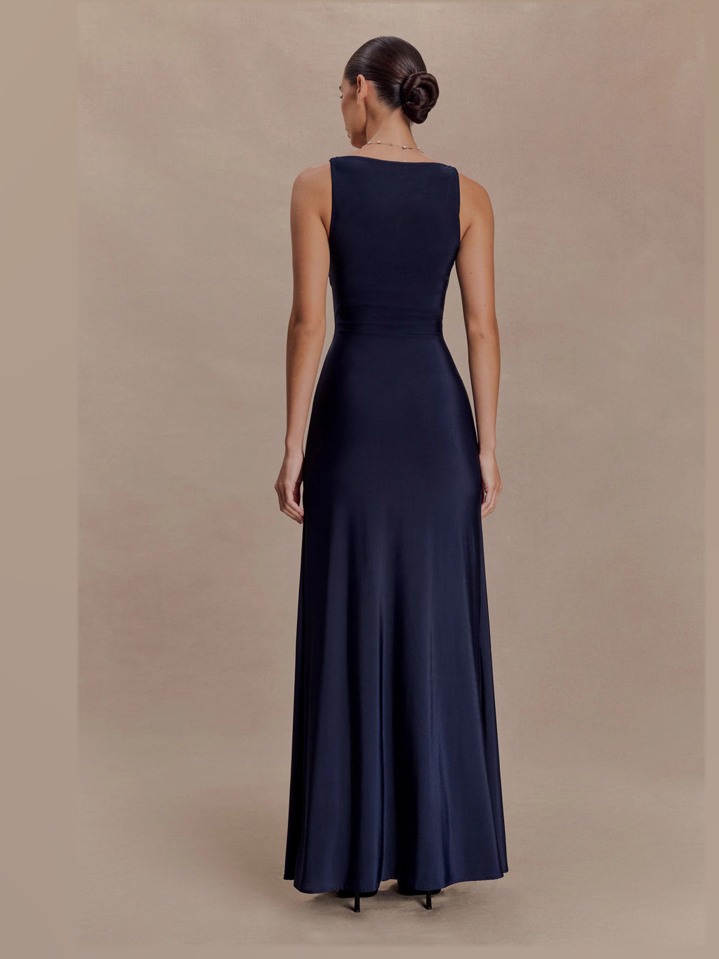 Ink Blue Ruched A-Line Maxi Structured Woven Fabric Formal Dress for Anniversary Dinner