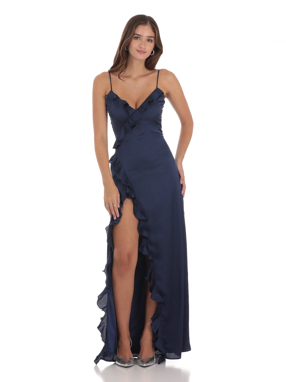 Ruffled V Neck A-Line Maxi Structured Woven Fabric Bridesmaid Dress for Church Wedding