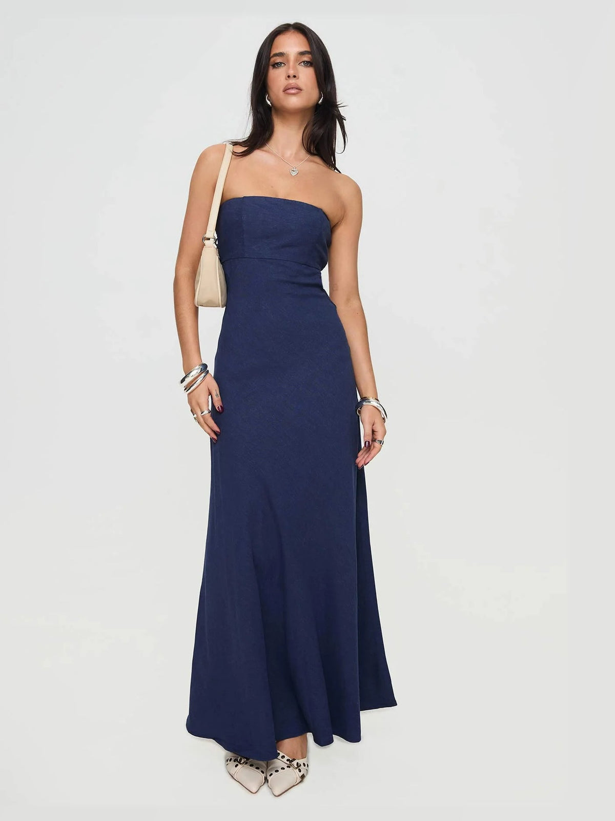 Navy Strapless A-Line Maxi Structured Woven Fabric Formal Dress for Wedding Reception
