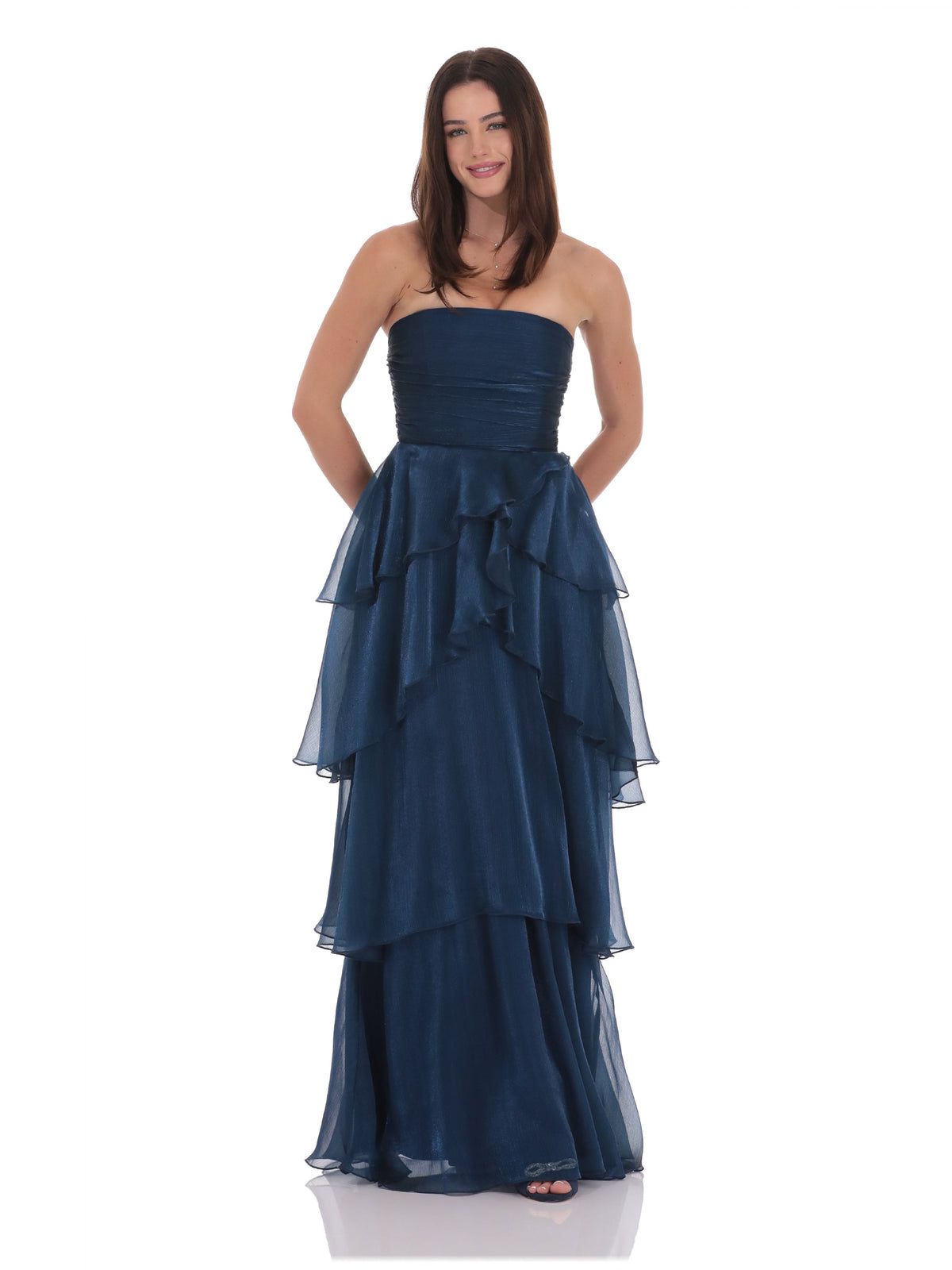Corset Ruffled Strapless A-Line Maxi Structured Woven Fabric Bridesmaid Dress for Church Wedding