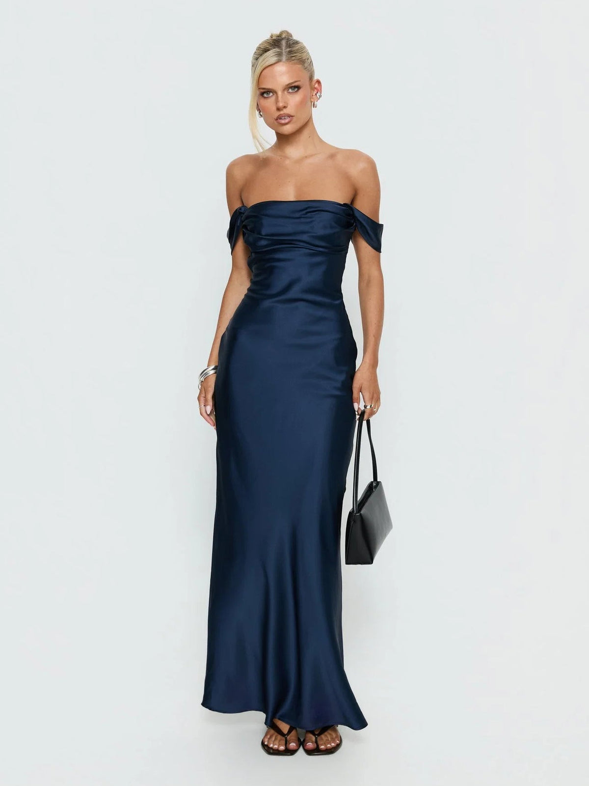 Navy Off Shoulder A-Line Maxi Structured Woven Fabric Formal Dress for Senior Celebration