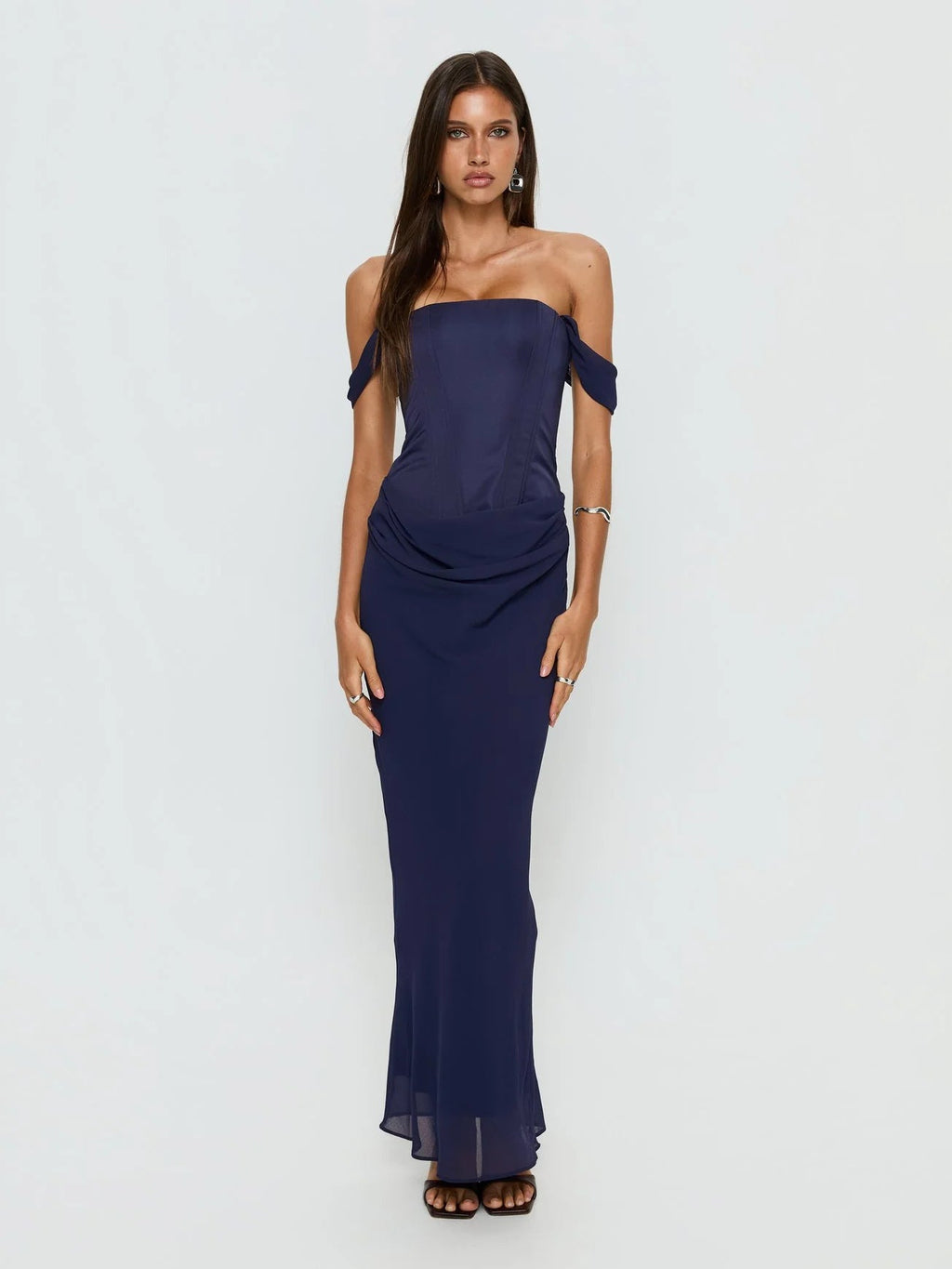 Navy Corset Off Shoulder A-Line Maxi Structured Woven Fabric Formal Dress for Evening Occasion