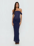 Navy Corset Off Shoulder A-Line Maxi Structured Woven Fabric Formal Dress for Evening Occasion