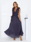 Navy A-Line Maxi Structured Woven Fabric Formal Dress for Homecoming Dance