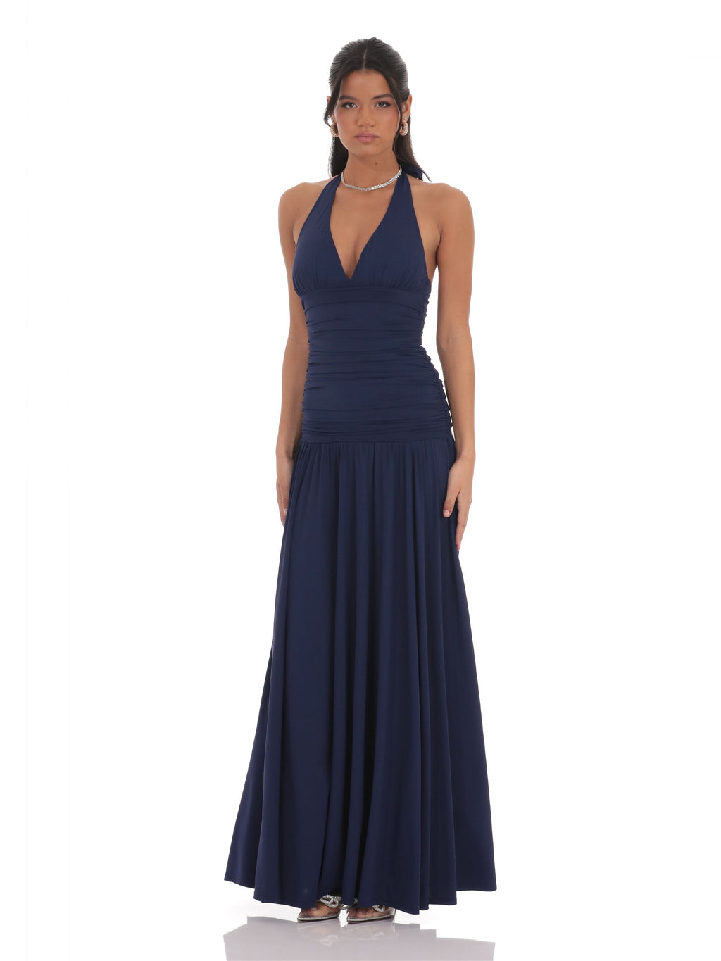 Halter Neck Drop-Waist Maxi Structured Woven Fabric Bridesmaid Dress for Wedding Reception