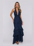 Navy Halter Neck A-Line Maxi Structured Woven Fabric Formal Dress for Awards Dinner