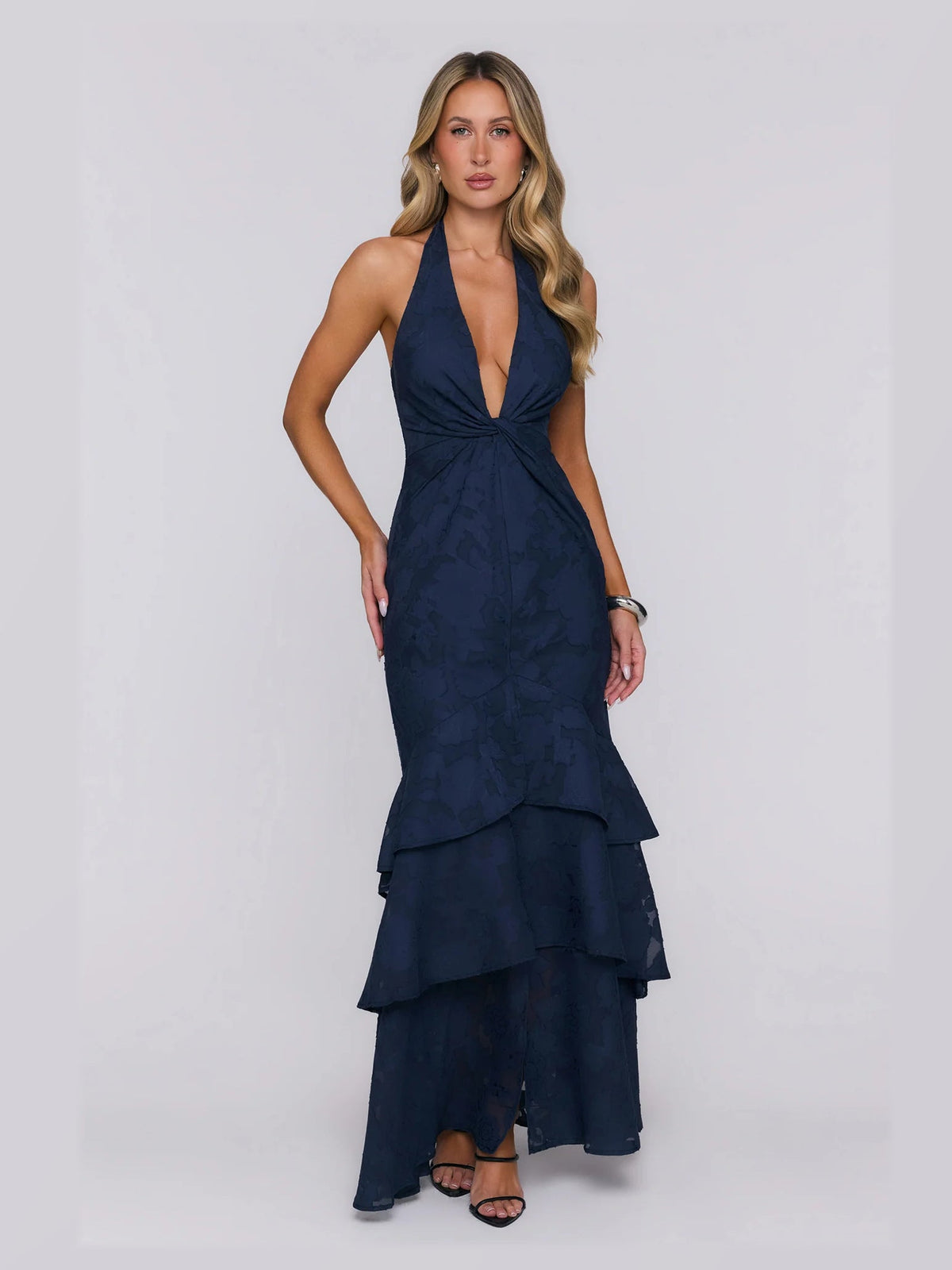 Navy Halter Neck A-Line Maxi Structured Woven Fabric Formal Dress for Awards Dinner