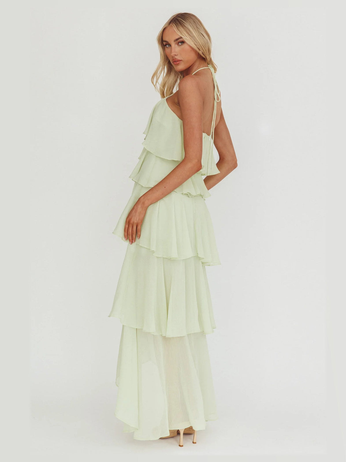 Sage Tiered Ruffled A-Line Maxi Structured Woven Fabric Formal Dress for Wedding Dinner