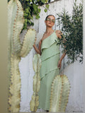 Sage Tiered Ruffled A-Line Maxi Structured Woven Fabric Formal Dress for Charity Ball