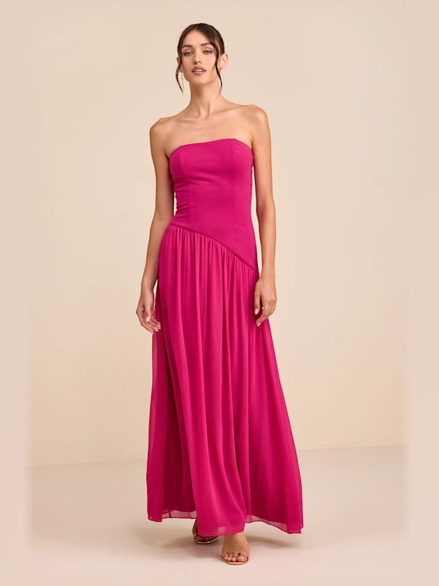 Berry Pink Strapless Drop-Waist Maxi Structured Woven Fabric Formal Dress for Graduation