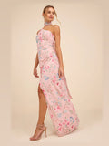 Light Pink Floral Floral One Shoulder A-Line Maxi Structured Woven Fabric Formal Dress for Wedding Guest