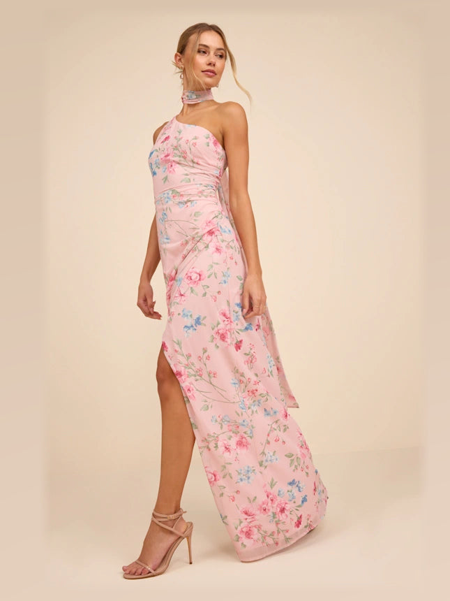Light Pink Floral Floral One Shoulder A-Line Maxi Structured Woven Fabric Formal Dress for Wedding Guest