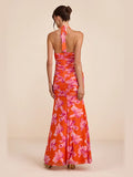Orange Pink Floral Ruched Floral A-Line Maxi Structured Woven Fabric Formal Dress for Hotel Reception