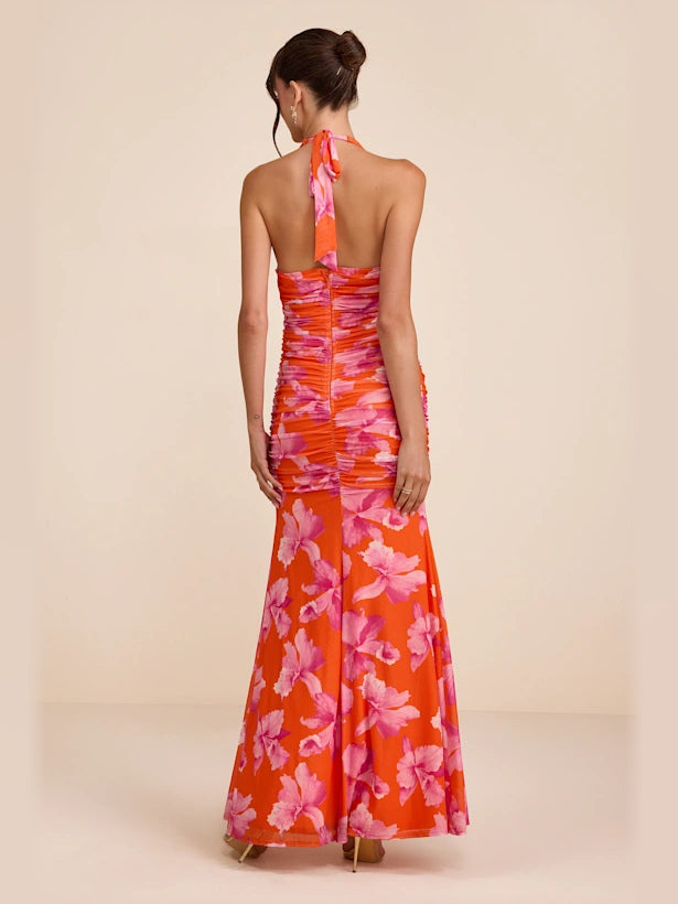 Orange Pink Floral Ruched Floral A-Line Maxi Structured Woven Fabric Formal Dress for Hotel Reception