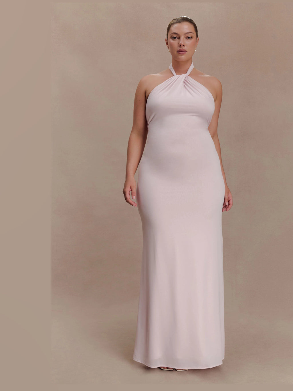 Pale Pink Halter Neck A-Line Maxi Structured Woven Fabric Formal Dress for Theater Night