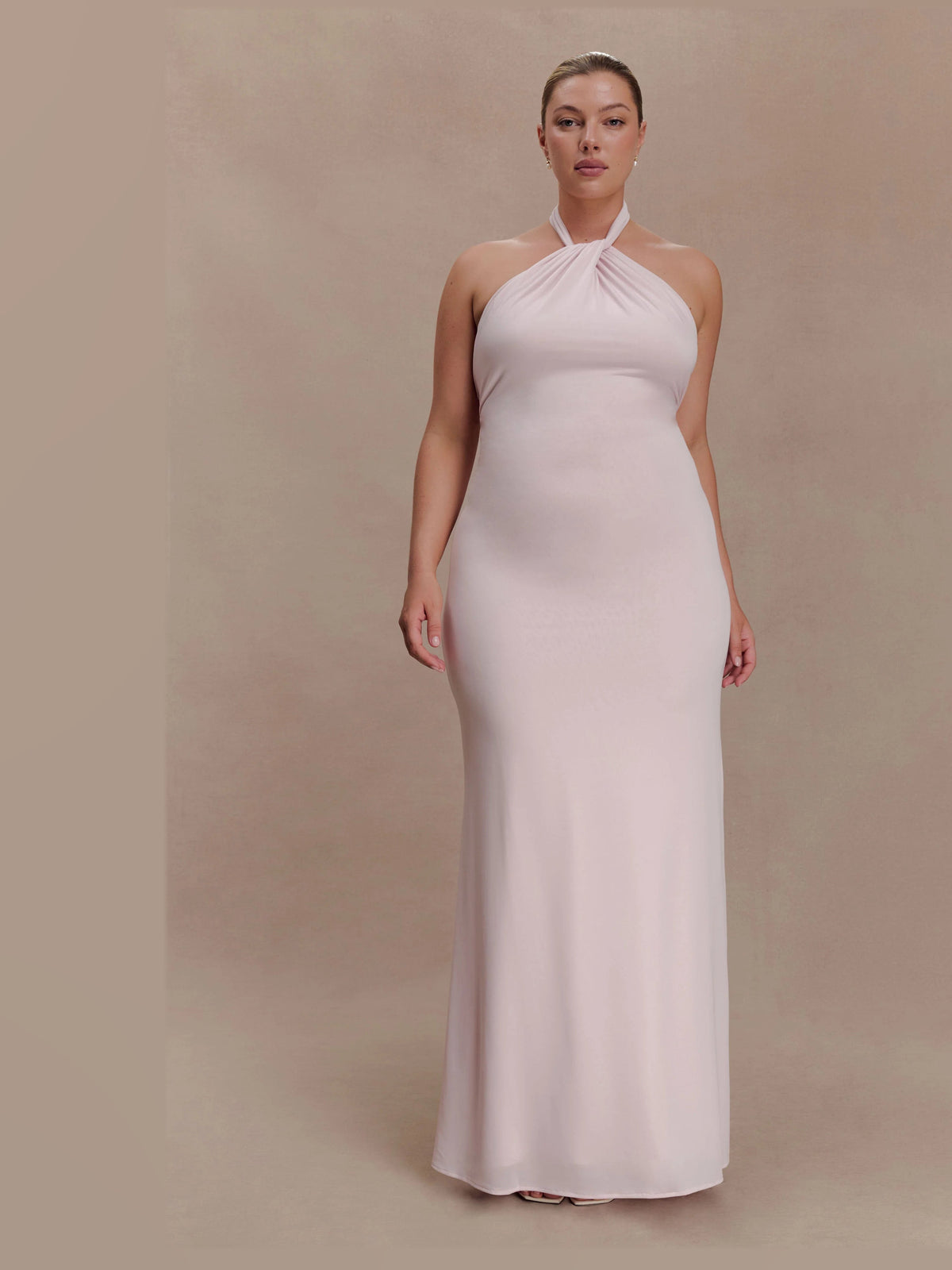 Pale Pink Halter Neck A-Line Maxi Structured Woven Fabric Formal Dress for Theater Night