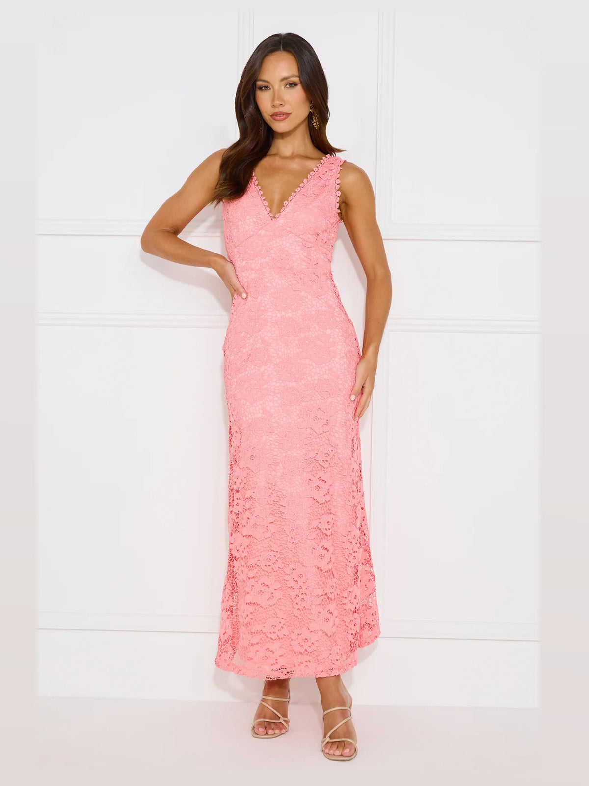 Pink A-Line Maxi Structured Woven Fabric Formal Dress for Dance Party