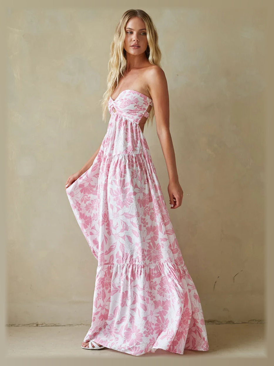 Blue Floral Strapless A-Line Maxi Structured Woven Fabric Formal Dress for Banquet