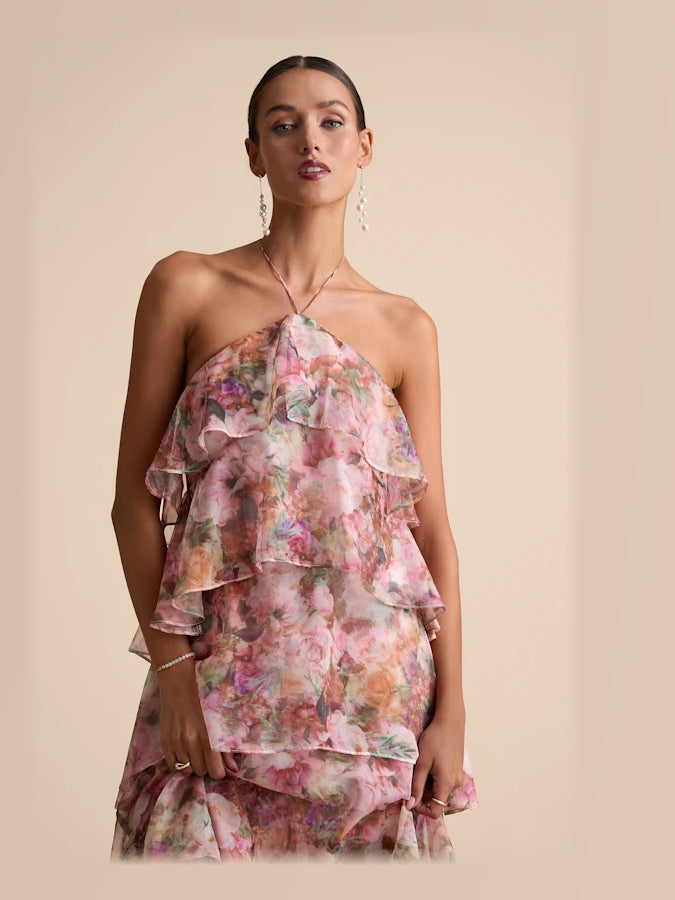 Pink Tiered Floral Halter Neck A-Line Maxi Structured Woven Fabric Formal Dress for Gala Reception